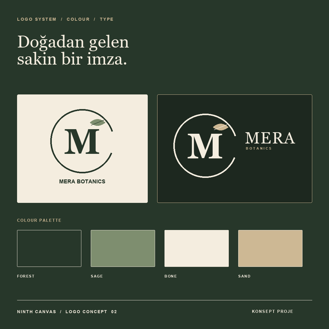 Mera Botanics logo sistemi ve doğal renk paleti